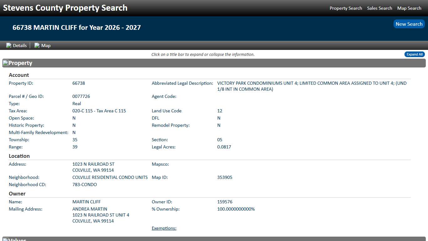 Stevens County Property Search - Property Details - 38 MARTIN CLIFF for Year 2026 - 2027